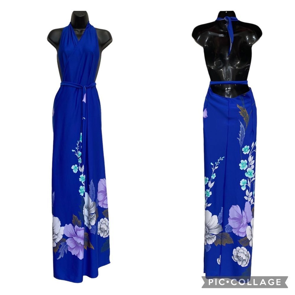 Royal Blue Floral Halter Maxi Dress with Tie Waist